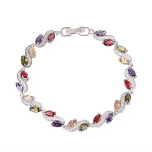New Flower Rainbow Mix Color Amethyst Topaz Gems Silver Charm Bracelet 1