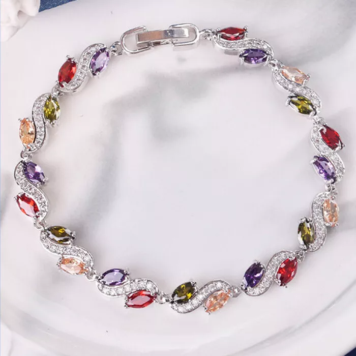 New Flower Rainbow Mix Color Amethyst Topaz Gems Silver Charm Bracelet 3 New Flower Rainbow Mix Color Amethyst Topaz Gems Silver Charm Bracelet 3