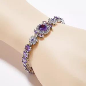 Round Purple Amethyst Gemstone Silver Women Bracelet 1