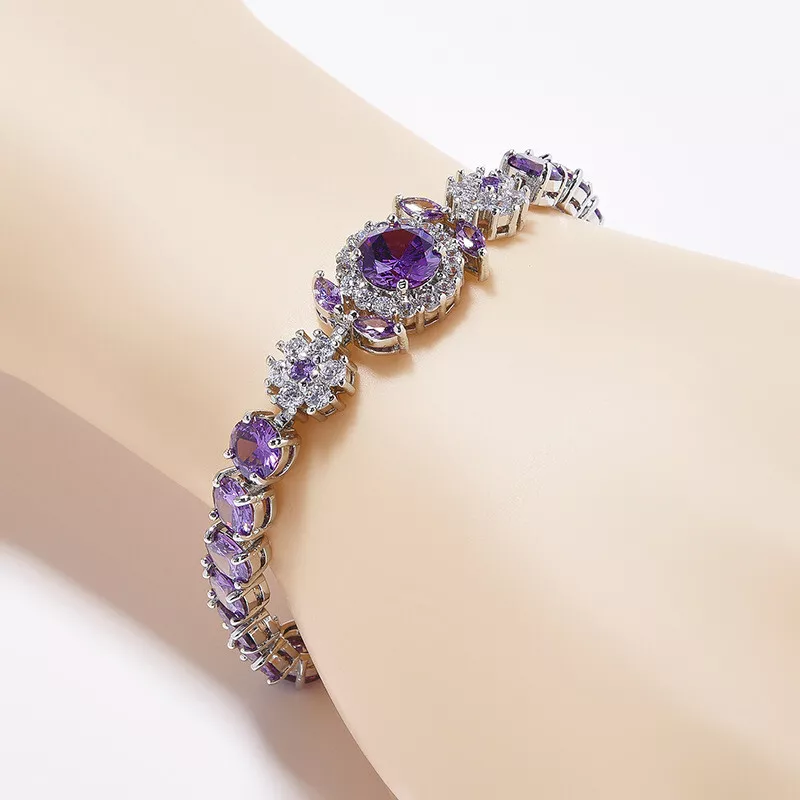 Round Purple Amethyst Gemstone Silver Women Bracelet 1 Round Purple Amethyst Gemstone Silver Women Bracelet 1