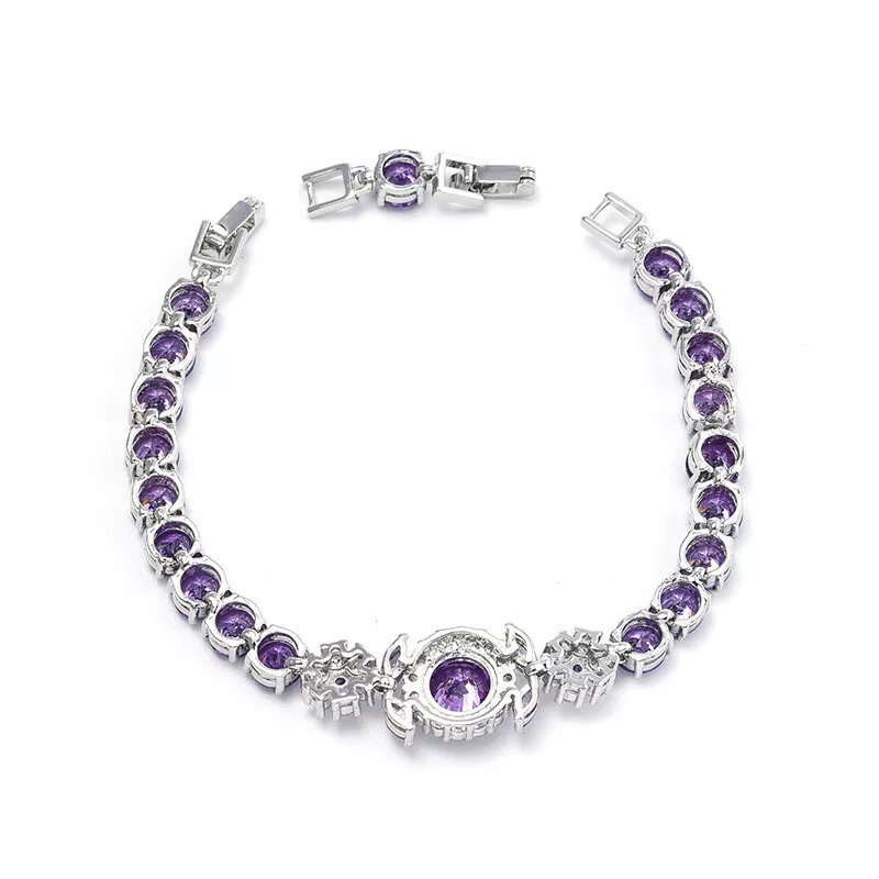 Round Purple Amethyst Gemstone Silver Women Bracelet 2 Round Purple Amethyst Gemstone Silver Women Bracelet 2