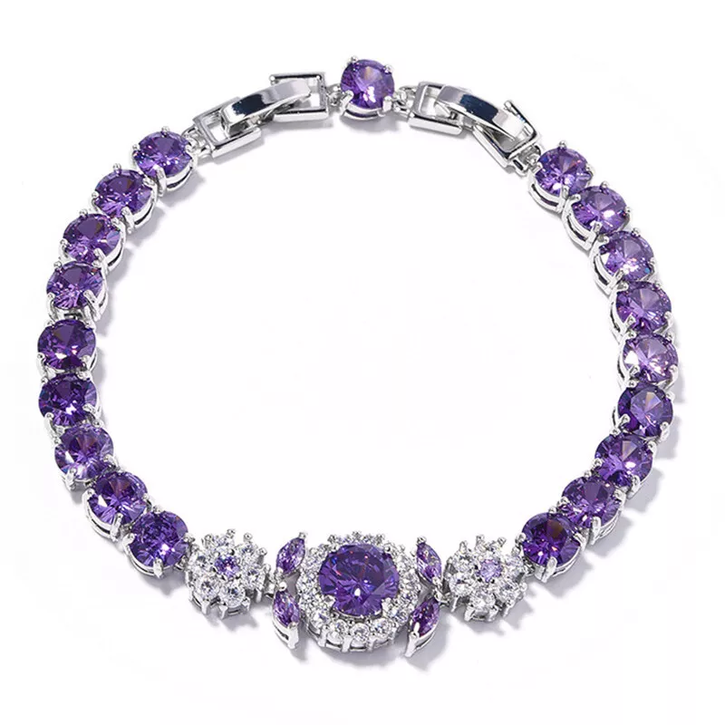Round Purple Amethyst Gemstone Silver Women Bracelet Round Purple Amethyst Gemstone Silver Women Bracelet
